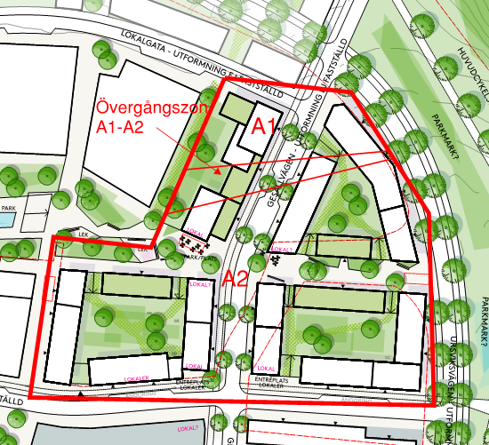 8(9) Bild 6.1 Delområden inom Sundbypark Delområde A1 Byggnaderna föreslås huvudsakligen grundläggas med platta på mark alternativt på packad fyllning beroende på aktuell grundläggningsnivå.