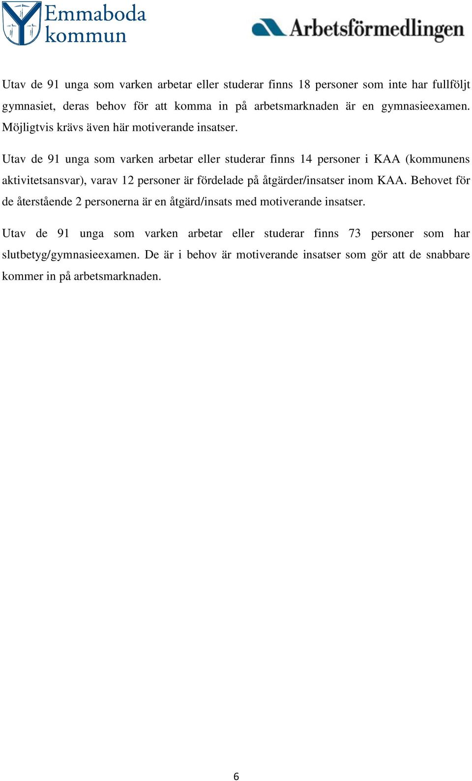 Utav de 91 unga som varken arbetar eller studerar finns 14 personer i KAA (kommunens aktivitetsansvar), varav 12 personer är fördelade på åtgärder/insatser inom KAA.