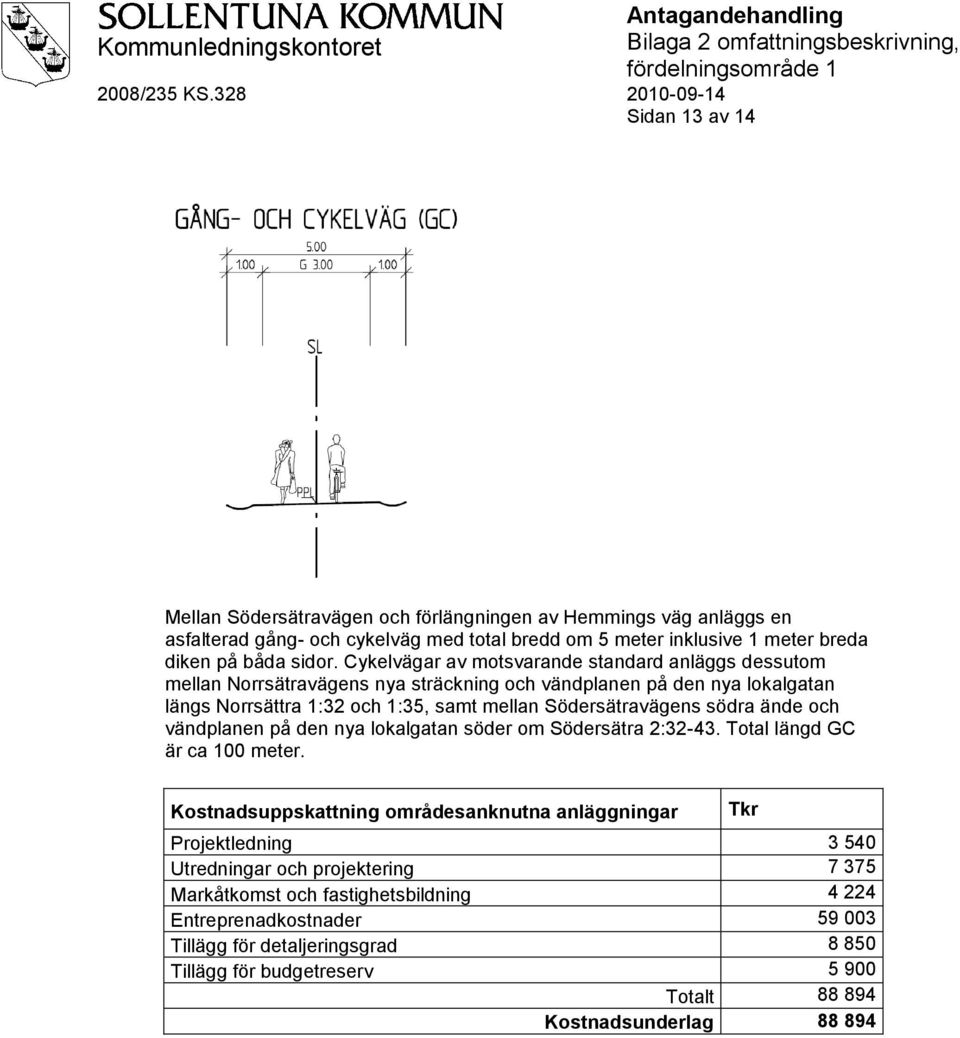 södra ände och vändplanen på den nya lokalgatan söder om Södersätra 2:32-43. Total längd GC är ca 100 meter.