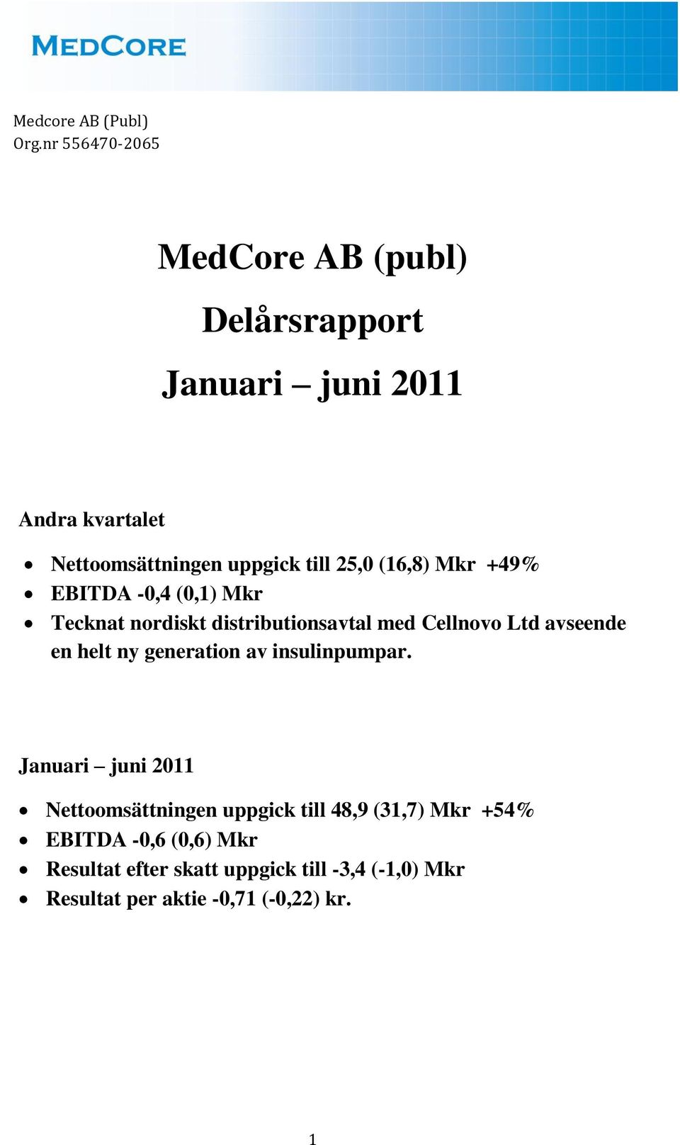 25,0 (16,8) Mkr +49% EBITDA -0,4 (0,1) Mkr Tecknat nordiskt distributionsavtal med Cellnovo Ltd avseende en helt