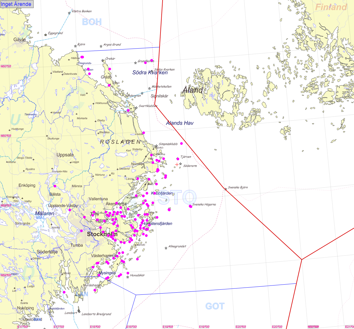 Stockholms SAR-område Karta : Stockholms SAR-område med markerade ärenden