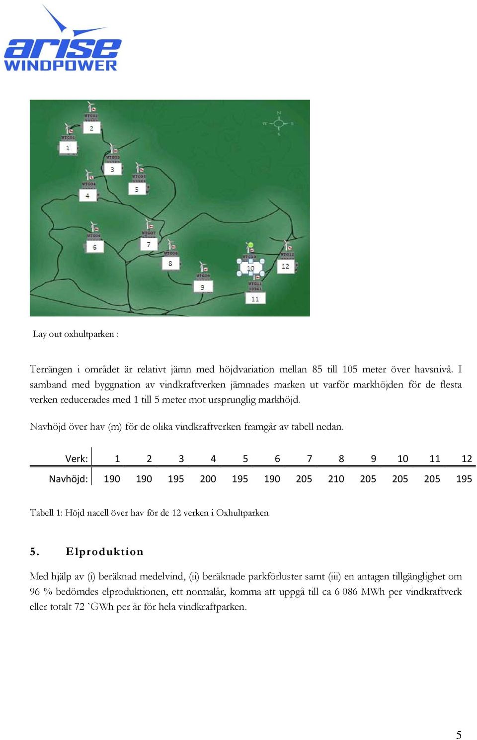 Navhöjd över hav (m) för de olika vindkraftverken framgår av tabell nedan.