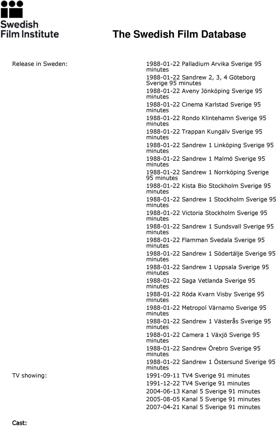 Bio Stockholm Sverige 95 1988-01-22 Sandrew 1 Stockholm Sverige 95 1988-01-22 Victoria Stockholm Sverige 95 1988-01-22 Sandrew 1 Sundsvall Sverige 95 1988-01-22 Flamman Svedala Sverige 95 1988-01-22