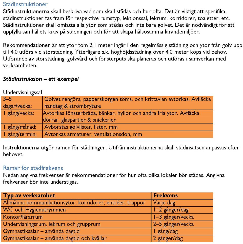 Städinstruktioner skall omfatta alla ytor som städas och inte bara golvet. Det är nödvändigt för att uppfylla samhällets krav på städningen och för att skapa hälsosamma lärandemiljöer.