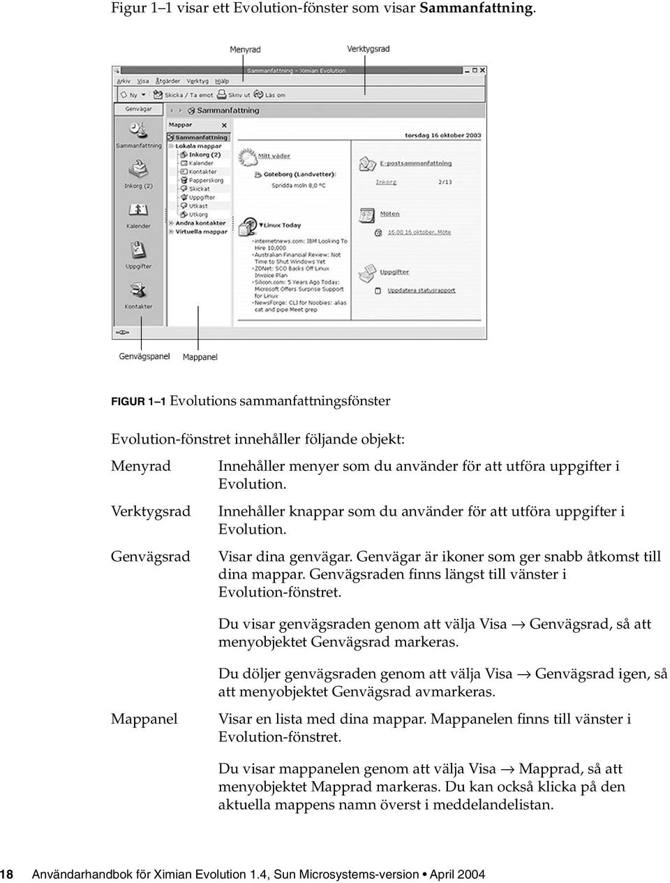 Innehåller knappar som du använder för att utföra uppgifter i Evolution. Visar dina genvägar. Genvägar är ikoner som ger snabb åtkomst till dina mappar.