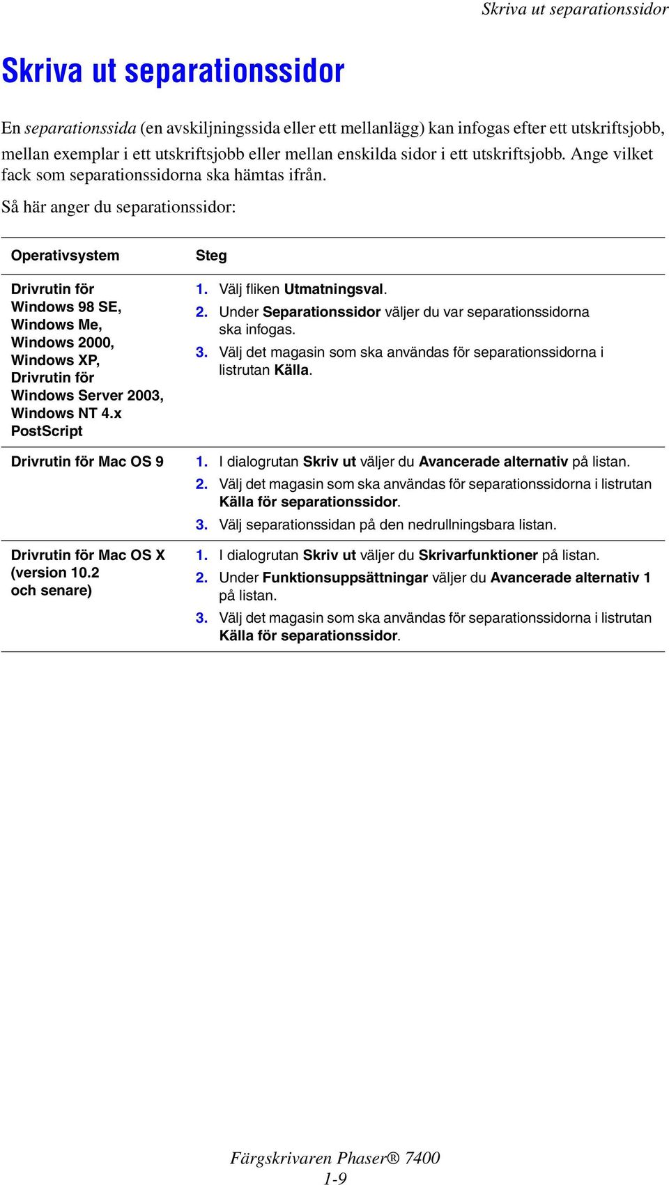 Så här anger du separationssidor: Operativsystem Drivrutin för Windows98SE, Windows Me, Windows 2000, Windows XP, Drivrutin för Windows Server 2003, Windows NT 4.x PostScript Steg 1.