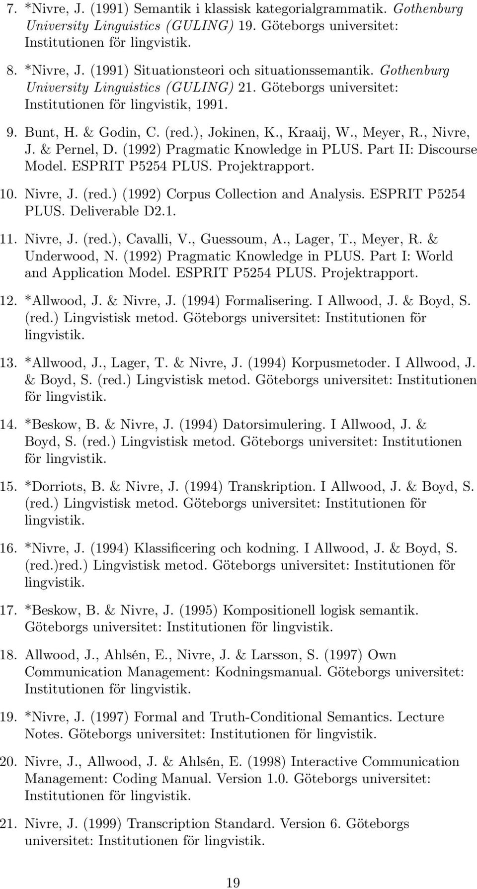 (1992) Pragmatic Knowledge in PLUS. Part II: Discourse Model. ESPRIT P5254 PLUS. Projektrapport. 10. Nivre, J. (red.) (1992) Corpus Collection and Analysis. ESPRIT P5254 PLUS. Deliverable D2.1. 11.