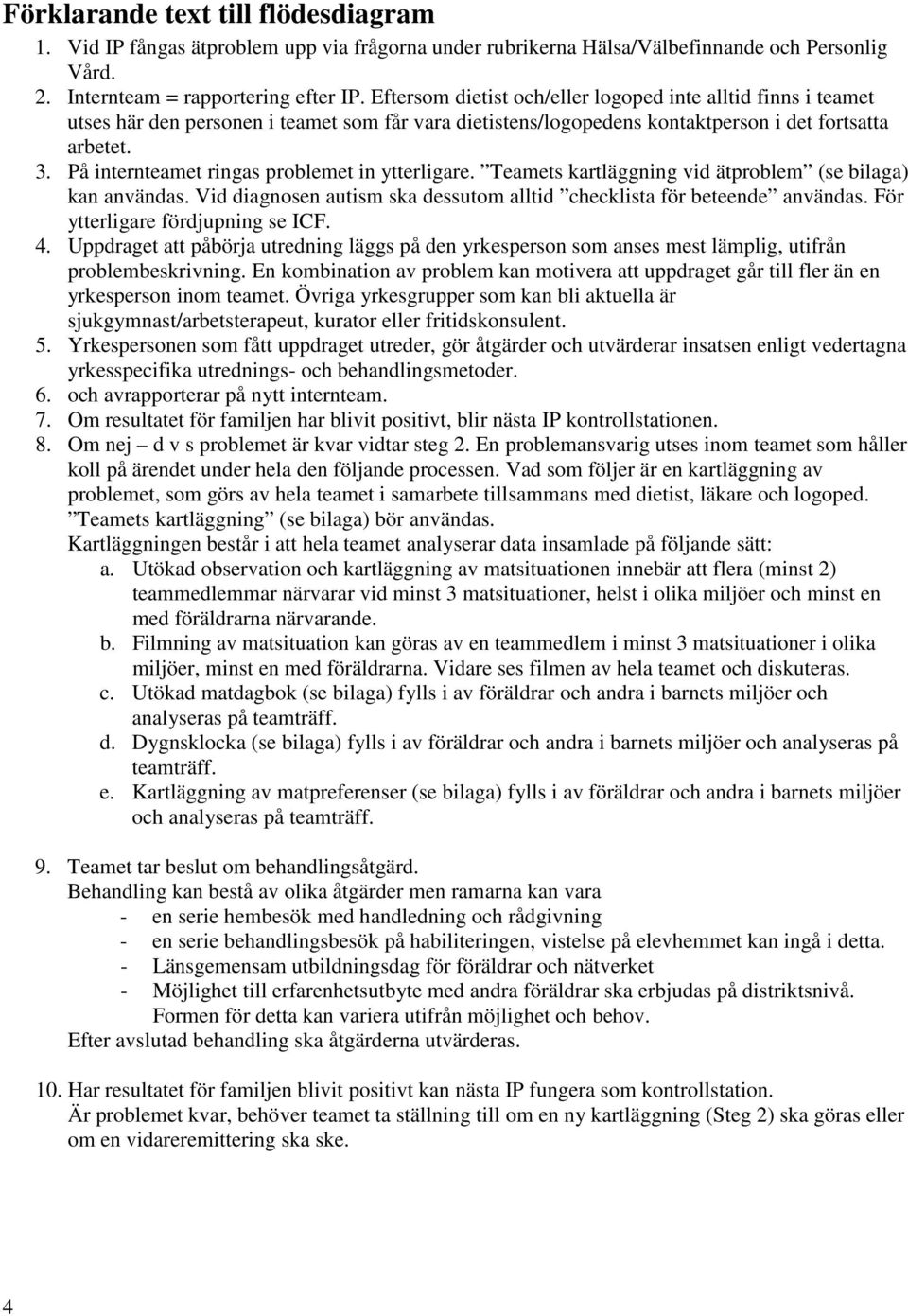 På internteamet ringas problemet in ytterligare. Teamets kartläggning vid ätproblem (se bilaga) kan användas. Vid diagnosen autism ska dessutom alltid checklista för beteende användas.