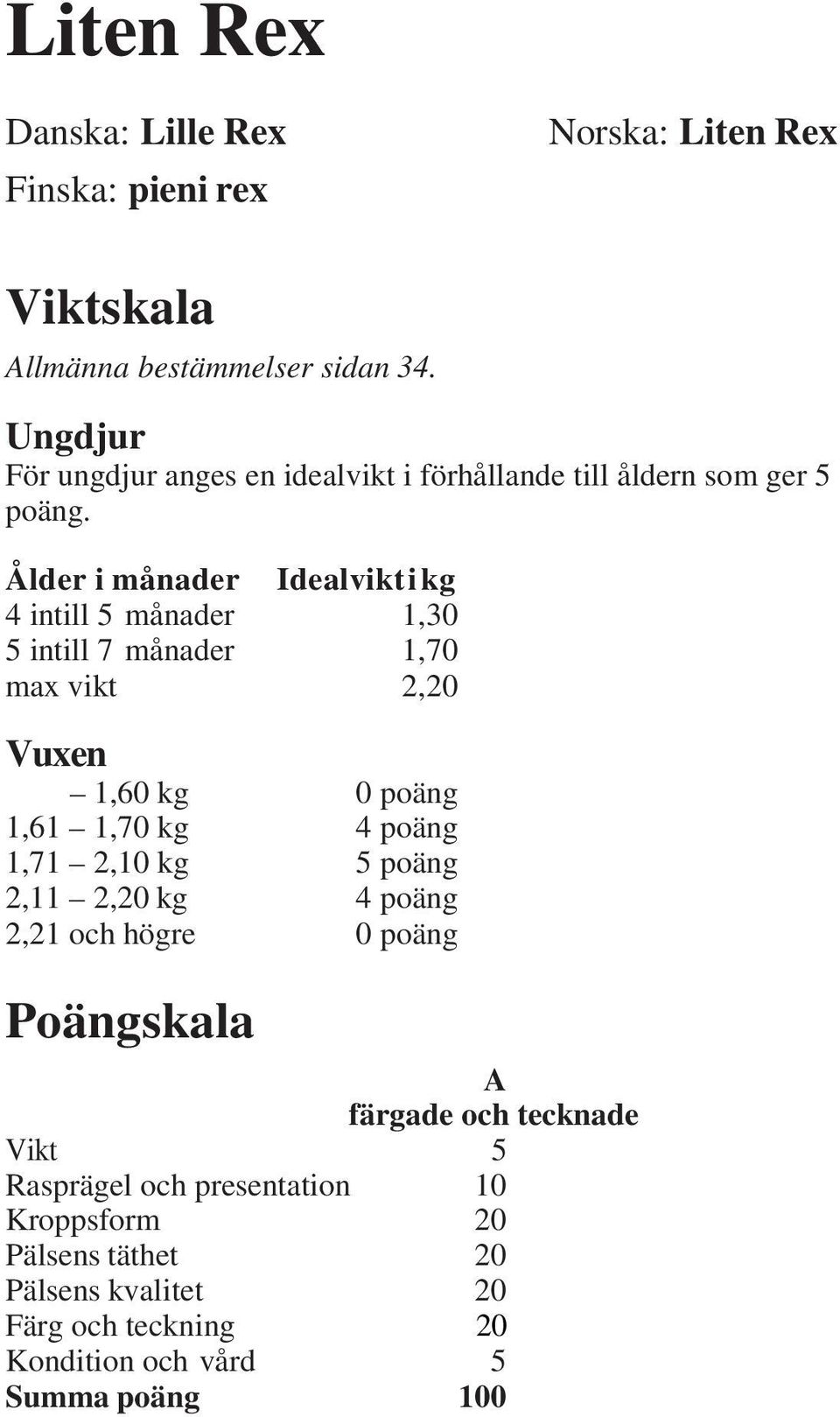 Ålder i månader Idealvikt i kg 4 intill 5 månader 1,30 5 intill 7 månader 1,70 max vikt 2,20 Vuxen 1,60 kg 0 poäng 1,61 1,70 kg 4 poäng 1,71