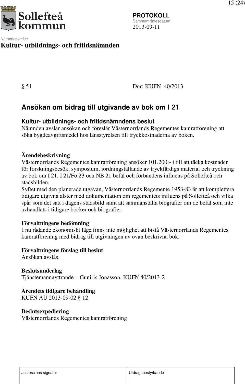 200:- i till att täcka kostnader för forskningsbesök, symposium, iordningställande av tryckfärdigs material och tryckning av bok om I 21, I 21/Fo 23 och NB 21 befäl och förbandens influens på