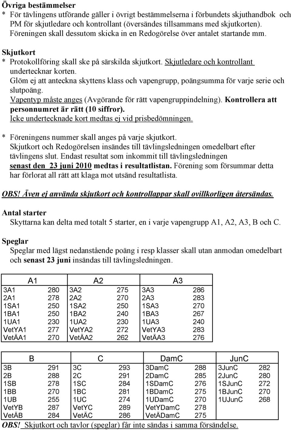 Glöm ej att anteckna skyttens klass och vapengrupp, poängsumma för varje serie och slutpoäng. Vapentyp måste anges (Avgörande för rätt vapengruppindelning).