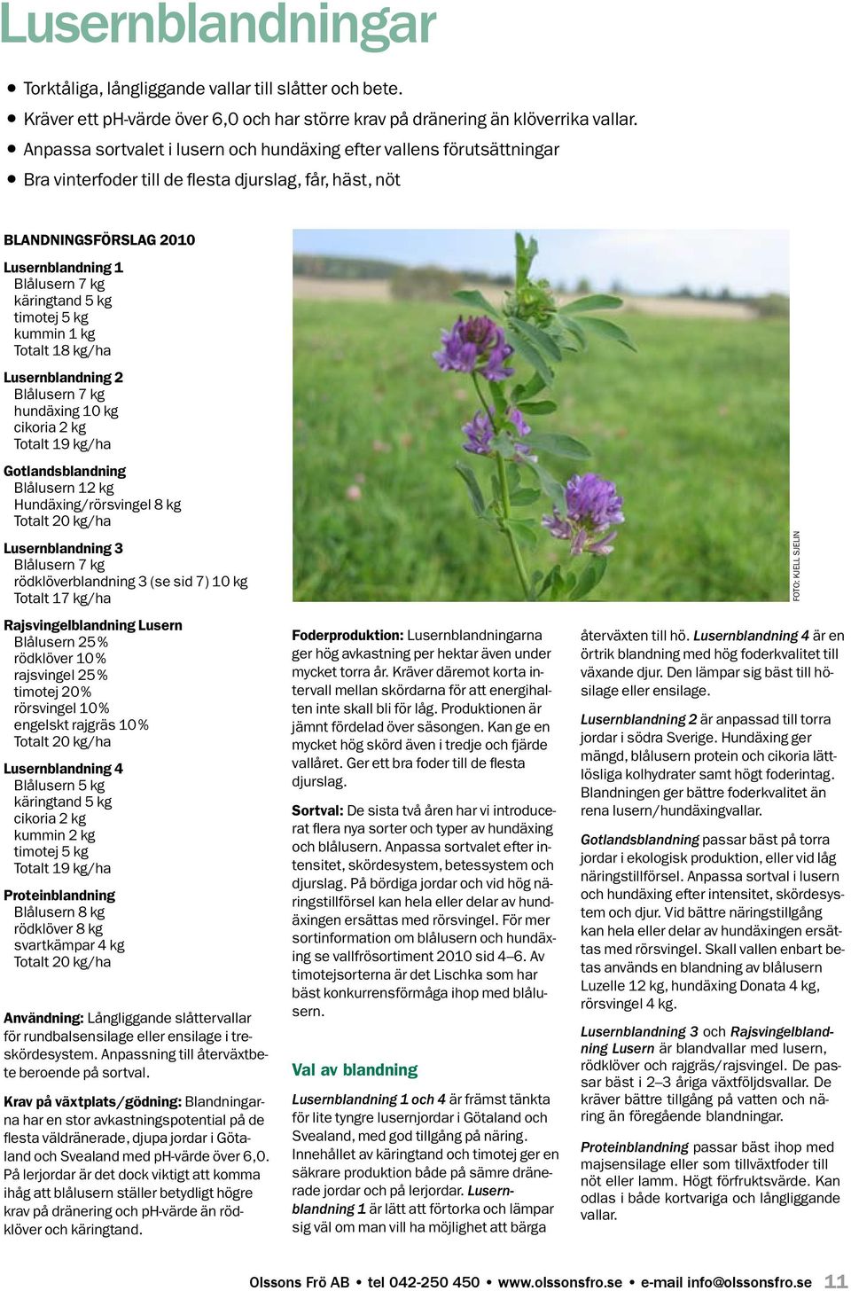 timotej 5 kg Totalt 18 kg/ha Lusernblandning 2 Blålusern 7 kg hundäxing 10 kg cikoria 2 kg Totalt 19 kg/ha Gotlandsblandning Blålusern 12 kg Hundäxing/rörsvingel 8 kg Lusernblandning 3 Blålusern 7 kg