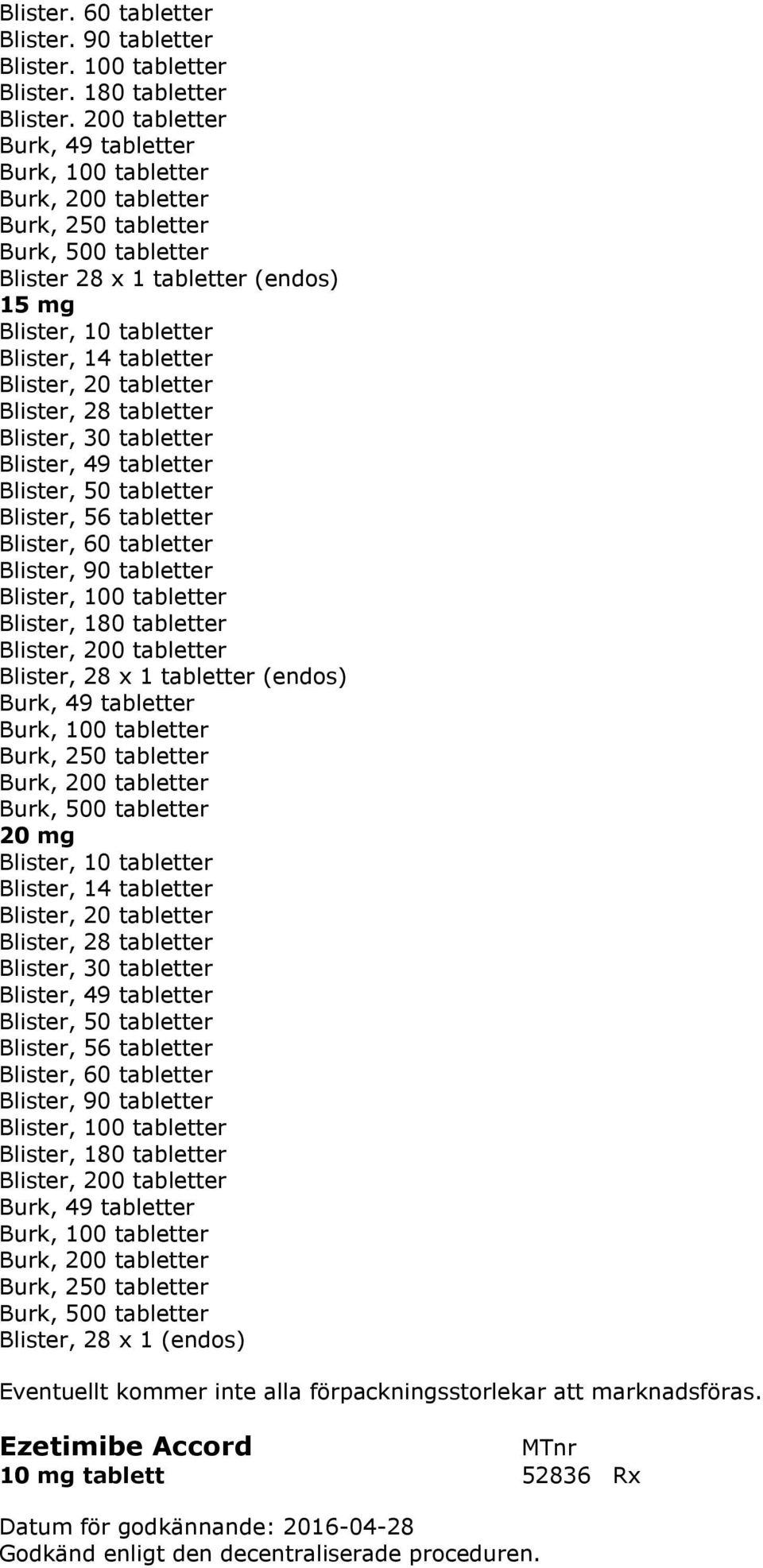 Blister, 28 tabletter Blister, 30 tabletter Blister, 49 tabletter Blister, 50 tabletter Blister, 56 tabletter Blister, 60 tabletter Blister, 90 tabletter Blister, 100 tabletter Blister, 180 tabletter