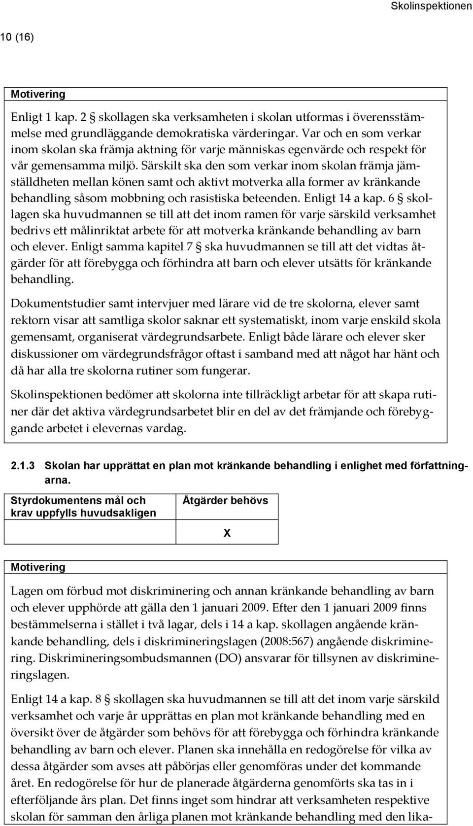 Särskilt ska den som verkar inom skolan främja jämställdheten mellan könen samt och aktivt motverka alla former av kränkande behandling såsom mobbning och rasistiska beteenden. Enligt 14 a kap.