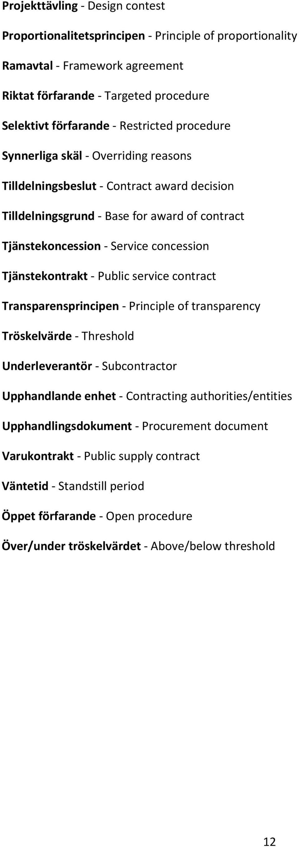 Tjänstekontrakt - Public service contract Transparensprincipen - Principle of transparency Tröskelvärde - Threshold Underleverantör - Subcontractor Upphandlande enhet - Contracting
