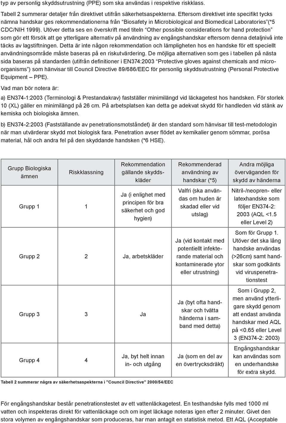 Utöver detta ses en överskrift med titeln Other possible considerations for hand protection som gör ett försök att ge ytterligare alternativ på användning av engångshandskar eftersom denna detaljnivå