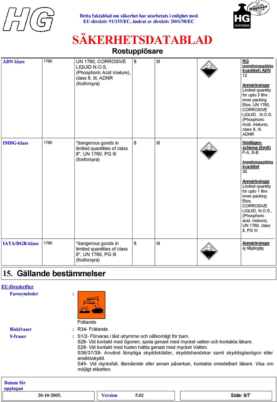 quantity for upto 1 litre inner packing Else; CORROSIVE LIQUID, N.O.S., (Phosphoric acid, mixture), UN, class, PG III IATA/DGR-klass "dangerous goods in limited quantities of class ", UN, PG III III ej tillgänglig 15.