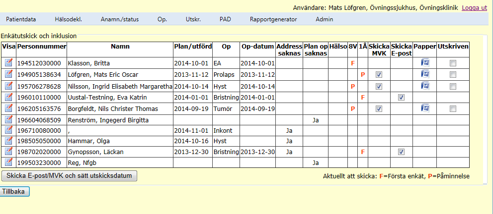 Utskick 2 mån och 1 år automatiserat Alla patienter aktuella för enkät listas Aktuell