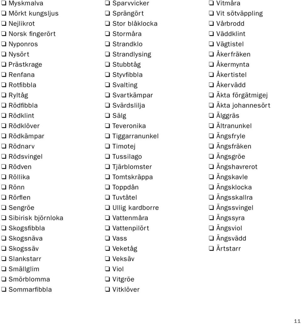 Svartkämpar Svärdslilja Sälg Teveronika Tiggarranunkel Timotej Tussilago Tjärblomster Tomtskräppa Toppdån Tuvtåtel Ullig kardborre Vattenmåra Vattenpilört Vass Veketåg Veksäv Viol Vitgröe Vitklöver