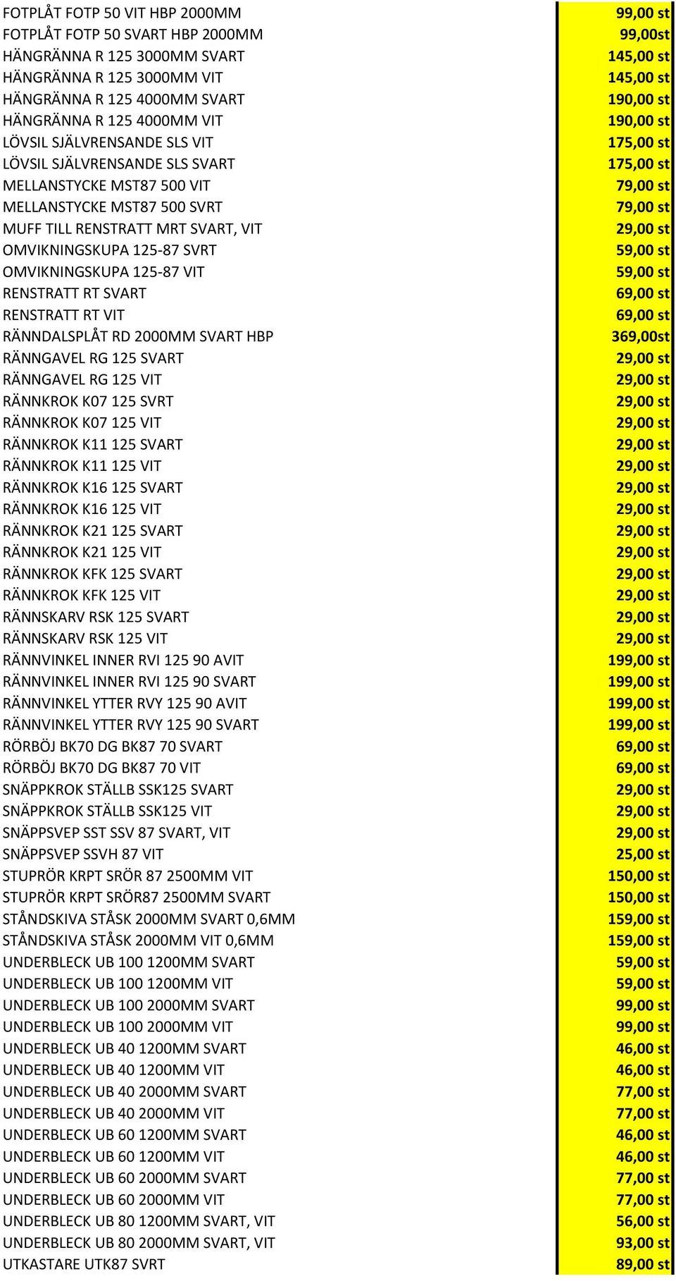 SVART RENSTRATT RT VIT RÄNNDALSPLÅT RD 2000MM SVART HBP RÄNNGAVEL RG 125 SVART RÄNNGAVEL RG 125 VIT RÄNNKROK K07 125 SVRT RÄNNKROK K07 125 VIT RÄNNKROK K11 125 SVART RÄNNKROK K11 125 VIT RÄNNKROK K16