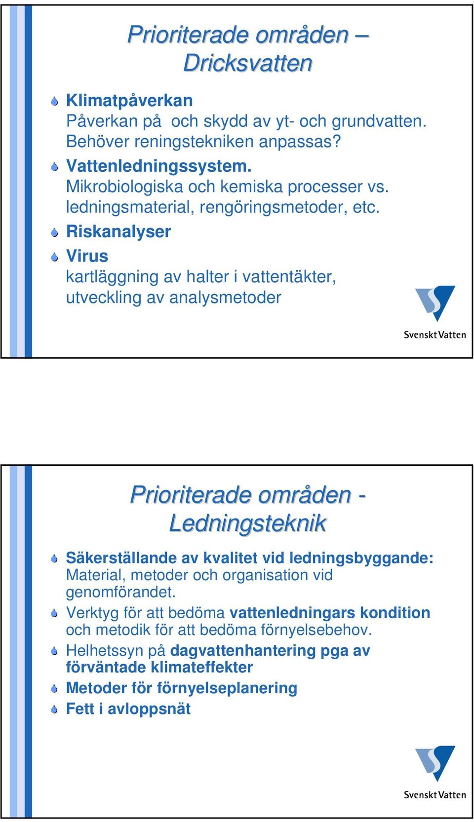 Riskanalyser Virus kartläggning av halter i vattentäkter, utveckling av analysmetoder Prioriterade områden - Ledningsteknik Säkerställande av kvalitet vid