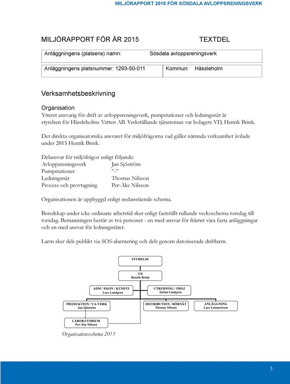 Det direkta organisatoriska ansvaret för miljöfrågorna vad gäller nämnda verksamhet åvilade under 2015 Henrik Brink.