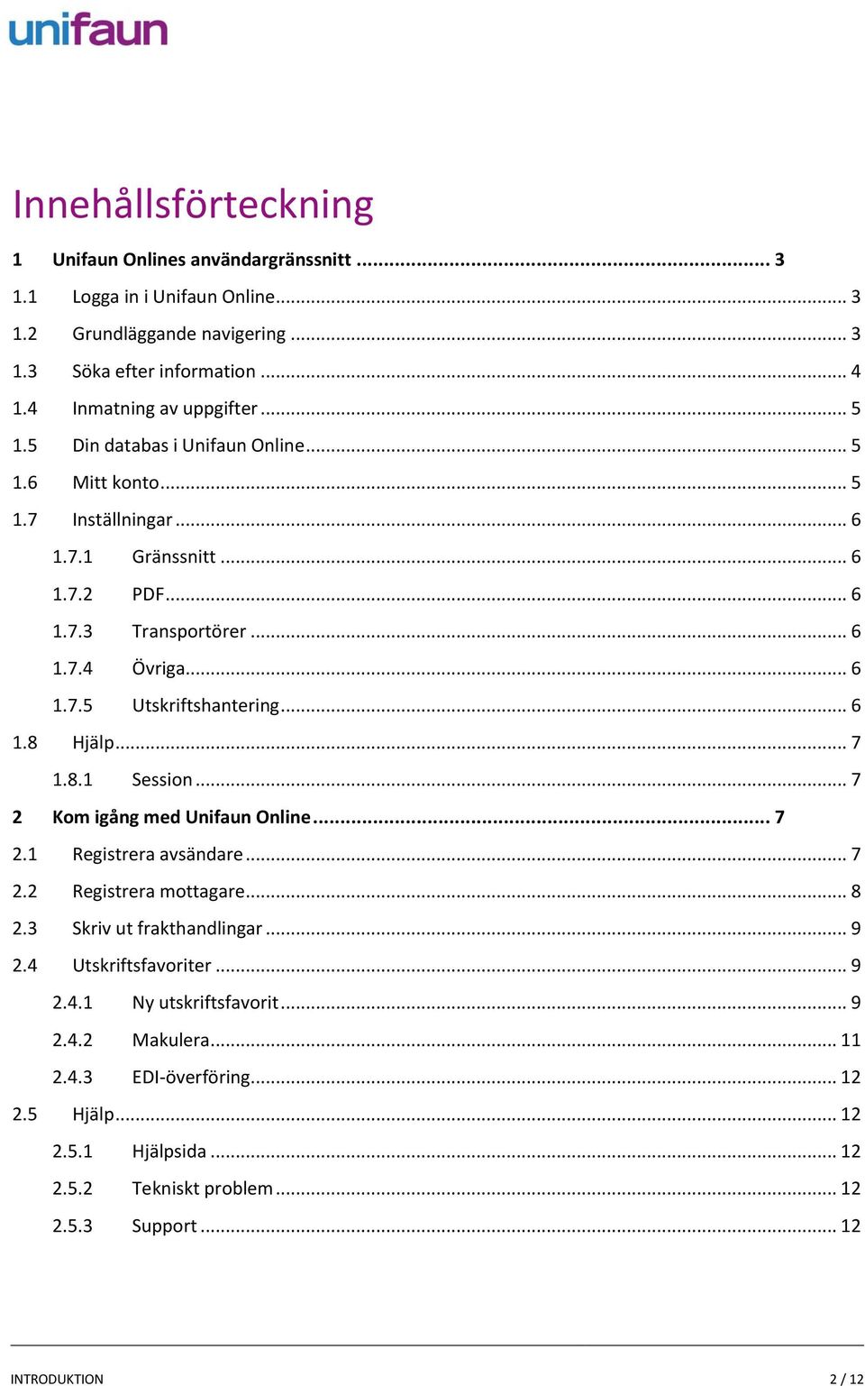 .. 6 1.8 Hjälp... 7 1.8.1 Session... 7 2 Kom igång med Unifaun Online... 7 2.1 Registrera avsändare... 7 2.2 Registrera mottagare... 8 2.3 Skriv ut frakthandlingar... 9 2.