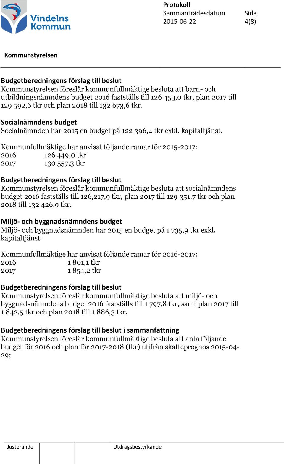 Kommunfullmäktige har anvisat följande ramar för 2015-2017: 2016 126 449,0 tkr 2017 130 557,3 tkr föreslår kommunfullmäktige besluta att socialnämndens budget 2016 fastställs till 126,217,9 tkr, plan