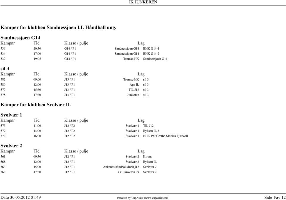 P1 Tromsø HK sil 3 580 :00 J13 / P1 Åga IL sil 3 577 15:30 J13 / P1 TIL J13 sil 3 575 17:30 J13 / P1 Junkeren sil 3 Kamper for klubben Svolvær IL Svolvær 1 573 11:00 J / P2