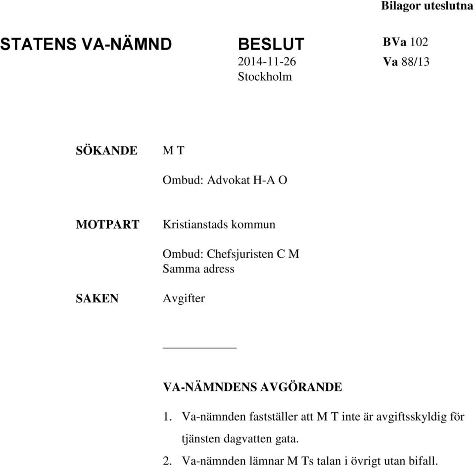 adress SAKEN Avgifter VA-NÄMNDENS AVGÖRANDE 1.