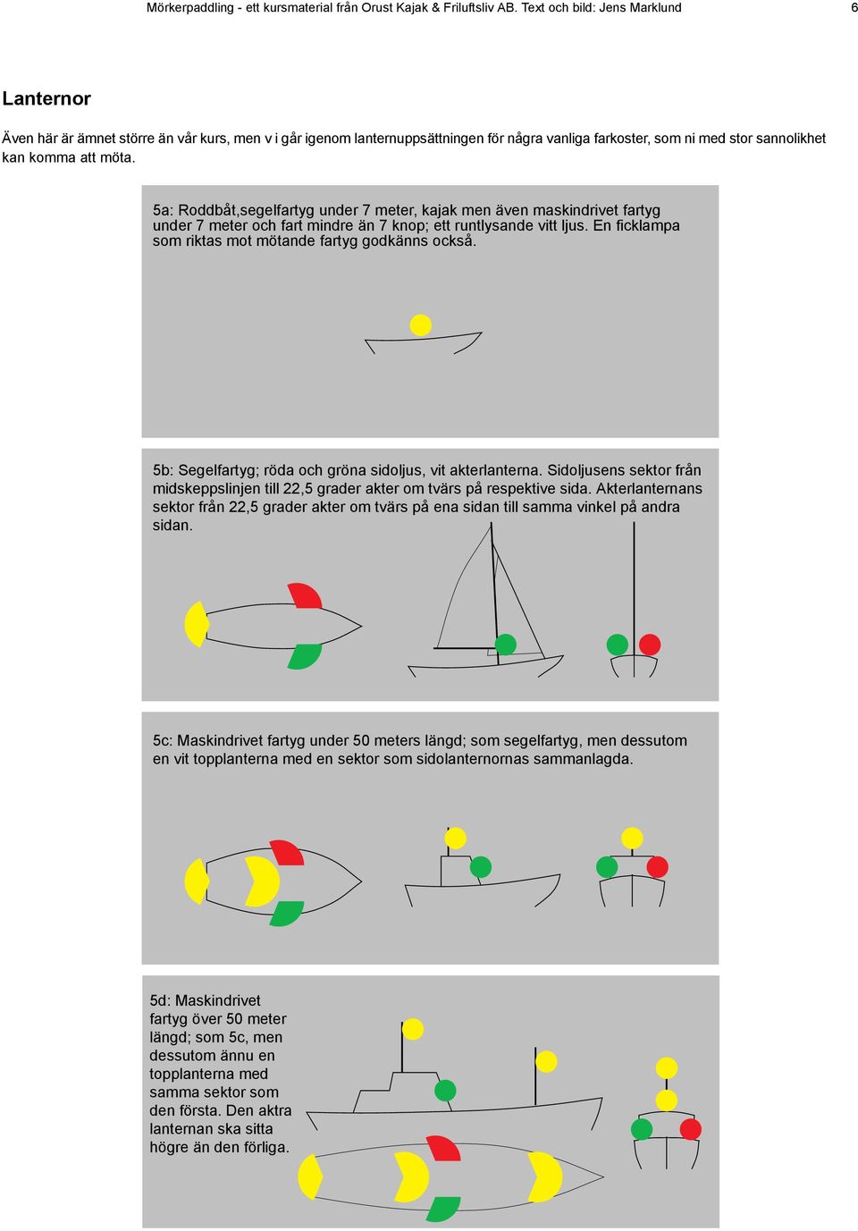 b: Segelfartyg; röda och gröna sidoljus, vit akterlanterna. Sidoljusens sektor från midskeppslinjen till 22, grader akter om tvärs på respektive sida.