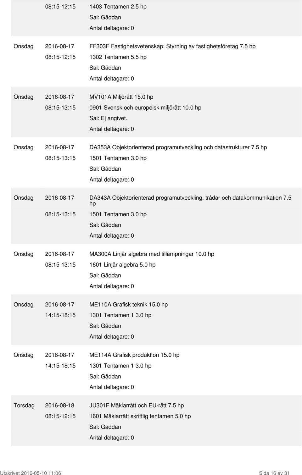 0 hp Onsdag 2016-08-17 DA343A Objektorienterad programutveckling, trådar och datakommunikation 7.5 hp 08:15-13:15 1501 Tentamen 3.0 hp Onsdag 2016-08-17 MA300A Linjär algebra med tillämpningar 10.