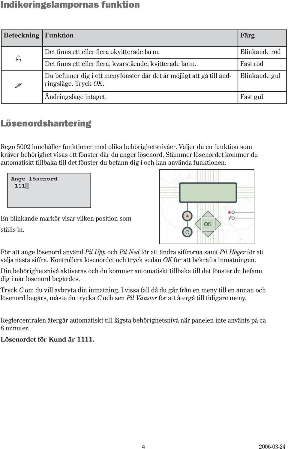 linkande röd Fast röd linkande gul Fast gul Lösenordshantering Rego 5002 innehåller funktioner med olika behörighetsnivåer.