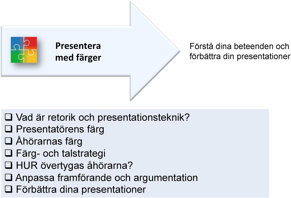 q Presentatörens färg q Åhörarnas färg q Färg- och talstrategi q HUR