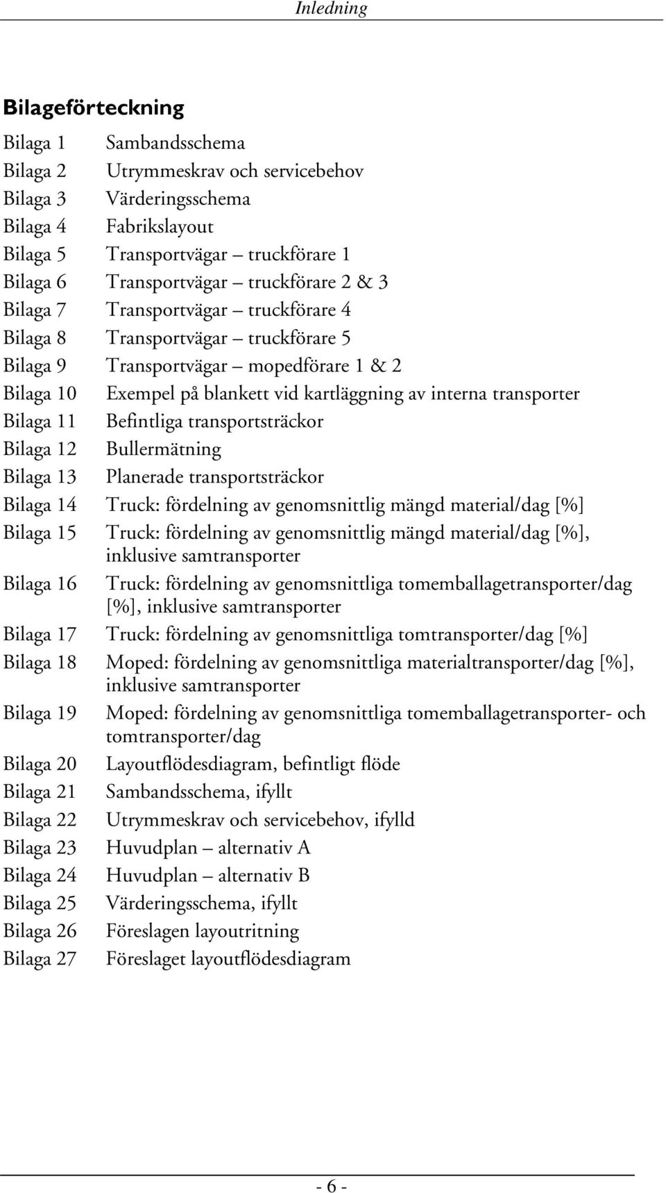 av interna transporter Bilaga 11 Befintliga transportsträckor Bilaga 12 Bullermätning Bilaga 13 Planerade transportsträckor Bilaga 14 Truck: fördelning av genomsnittlig mängd material/dag [%] Bilaga