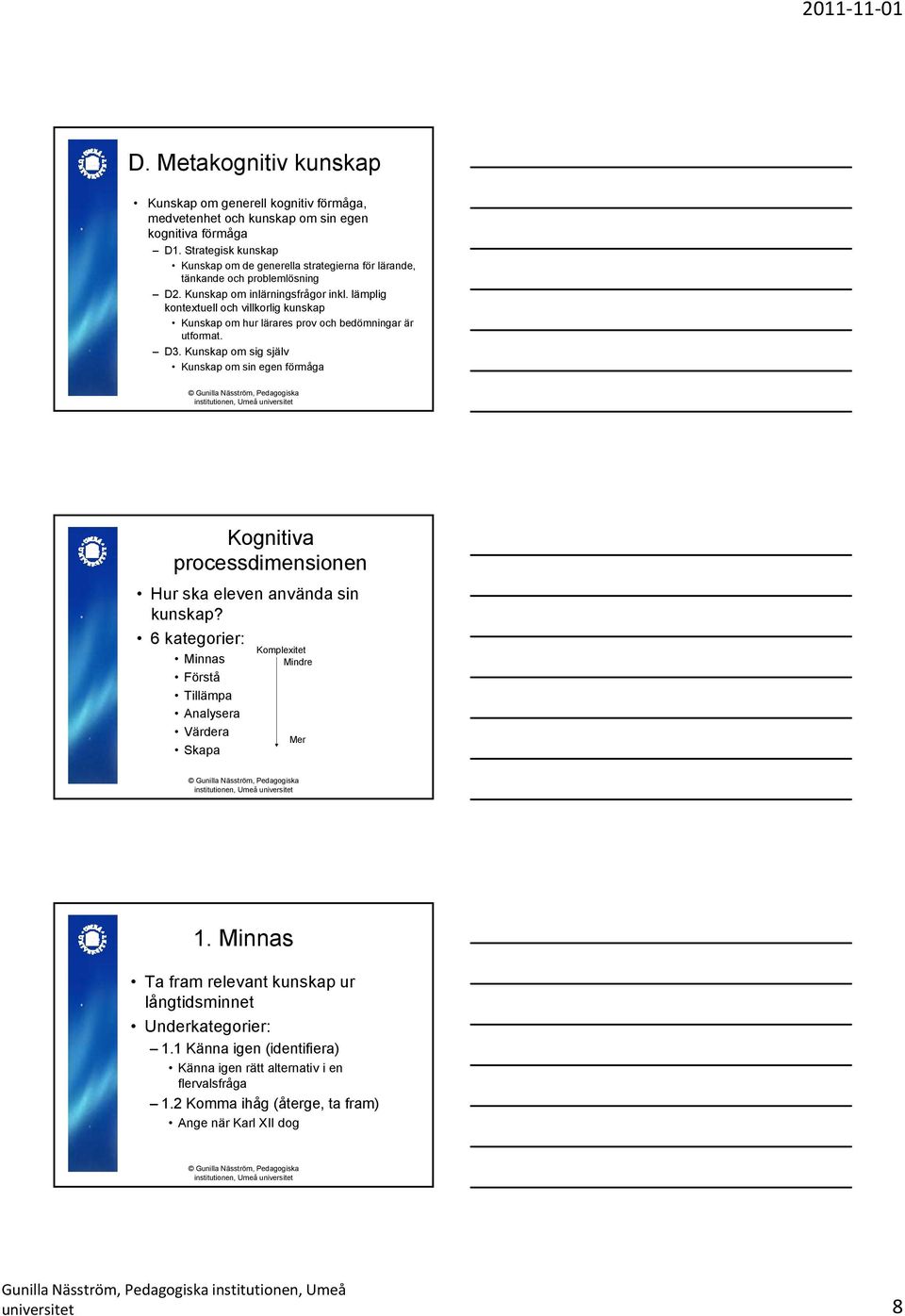 lämplig kontextuell och villkorlig kunskap Kunskap om hur lärares prov och bedömningar är utformat. D3.