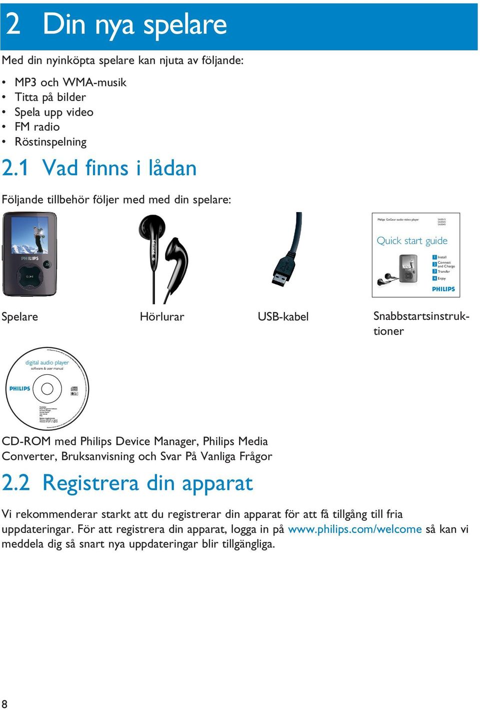 Enjoy Spelare Hörlurar USB-kabel Snabbstartsinstruktioner CD-ROM med Philips Device Manager, Philips Media Converter, Bruksanvisning och Svar På Vanliga Frågor 2.