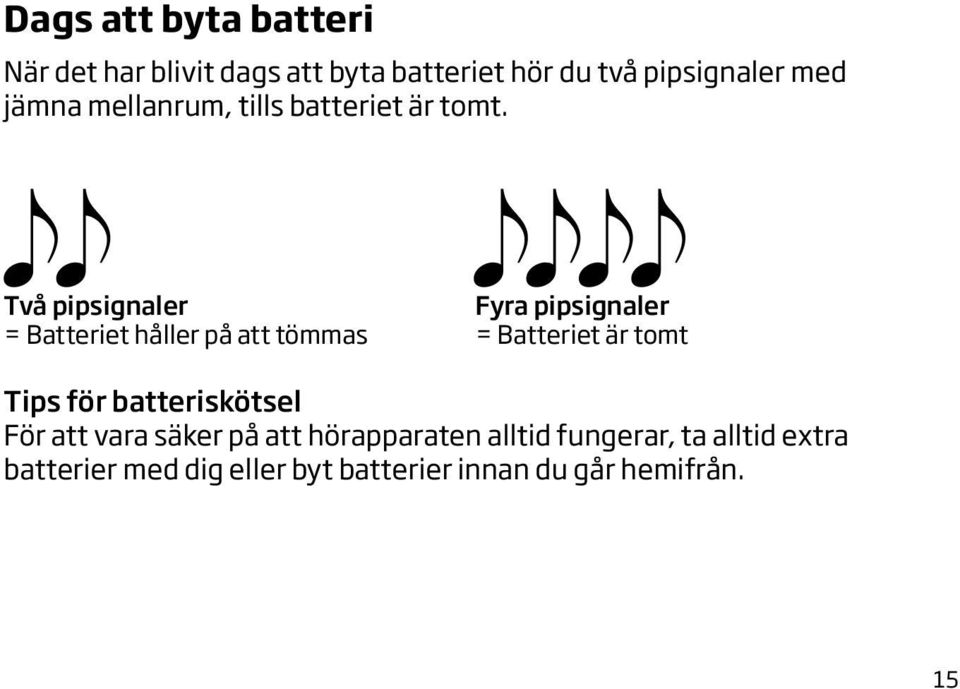 Två pipsignaler = Batteriet håller på att tömmas Fyra pipsignaler = Batteriet är tomt Tips för