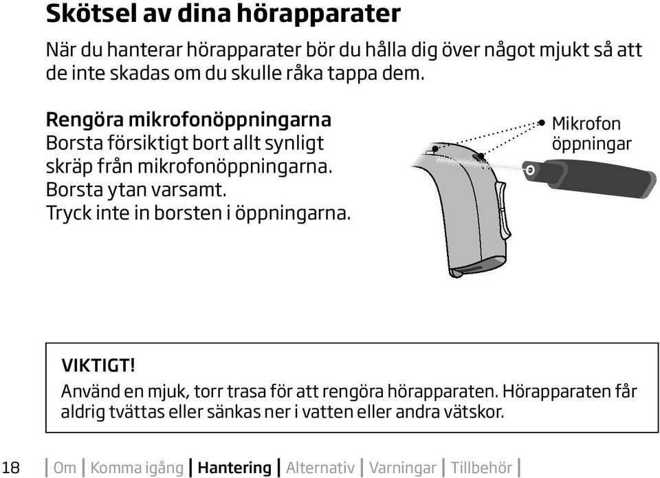 Borsta ytan varsamt. Tryck inte in borsten i öppningarna. Mikrofon öppningar VIKTIGT!