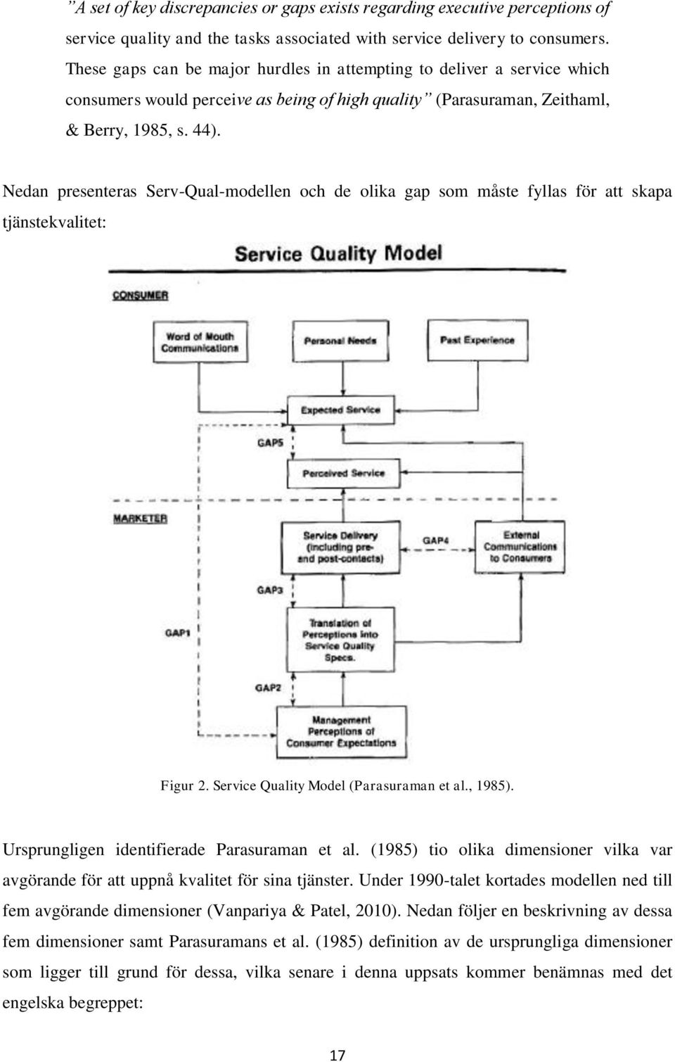 Nedan presenteras Serv-Qual-modellen och de olika gap som måste fyllas för att skapa tjänstekvalitet: Figur 2. Service Quality Model (Parasuraman et al., 1985).