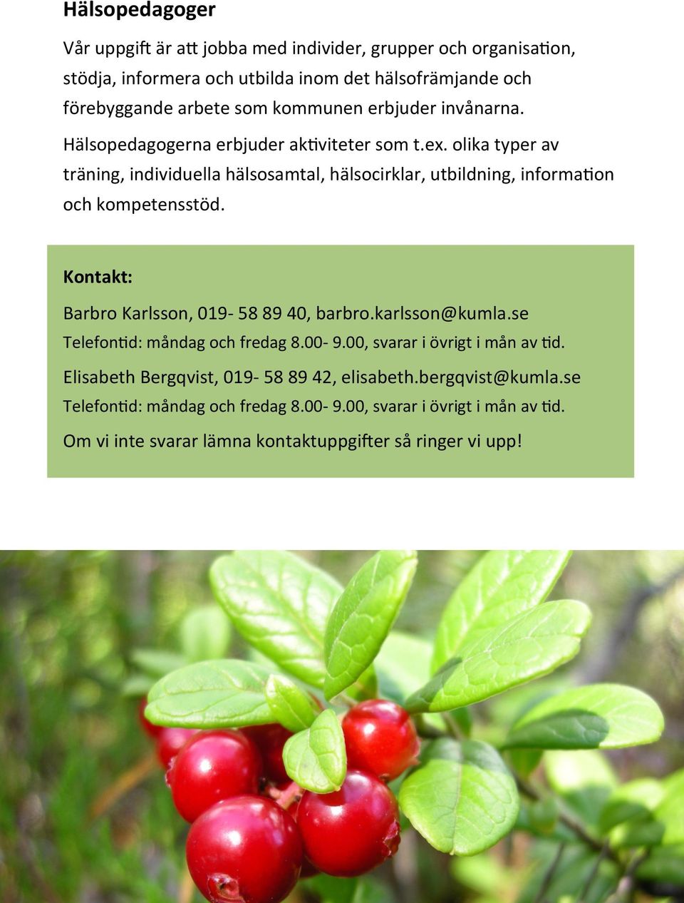 olika typer av träning, individuella hälsosamtal, hälsocirklar, utbildning, information och kompetensstöd. Kontakt: Barbro Karlsson, 019-58 89 40, barbro.karlsson@kumla.