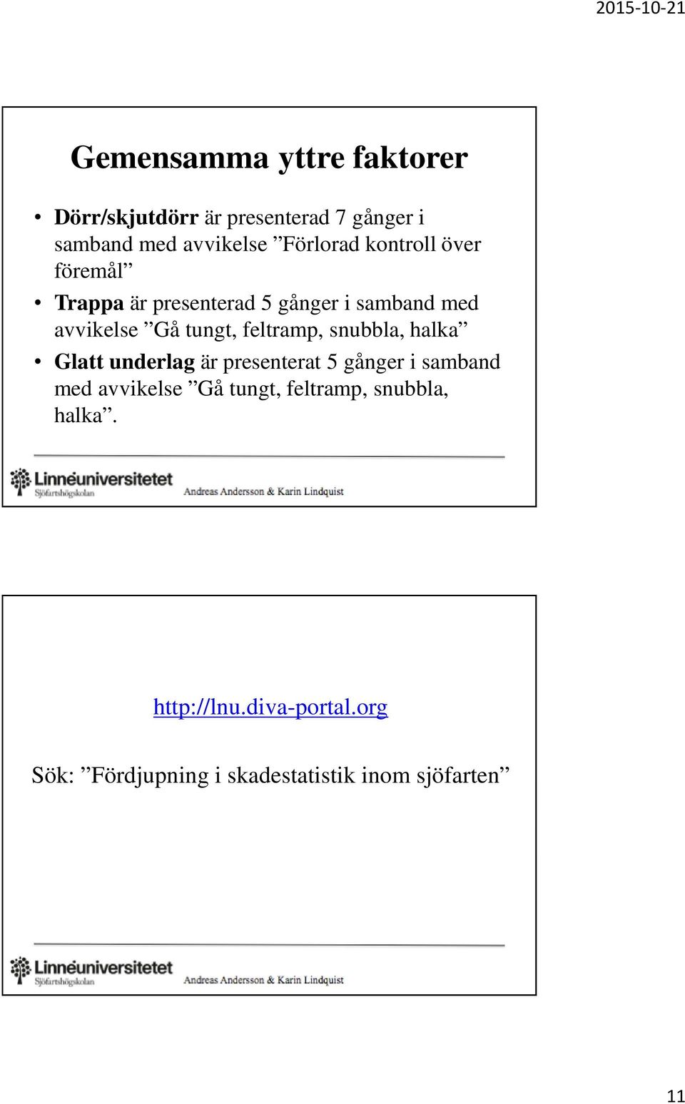 feltramp, snubbla, halka Glatt underlag är presenterat 5 gånger i samband med avvikelse Gå