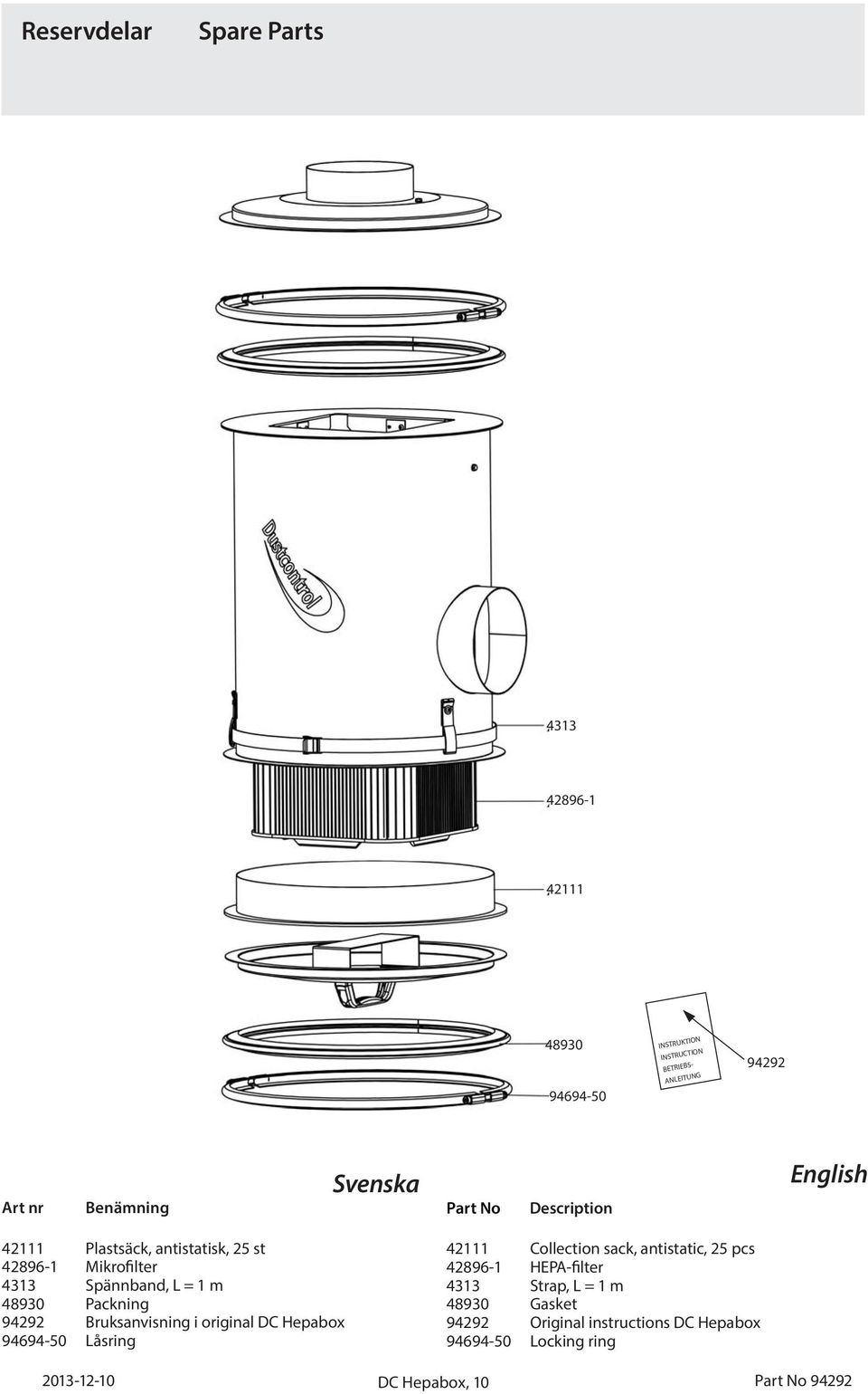 Packning 94292 Bruksanvisning i original DC Hepabox 94694-50 Låsring 42111 Collection sack, antistatic, 25 pcs 42896-1