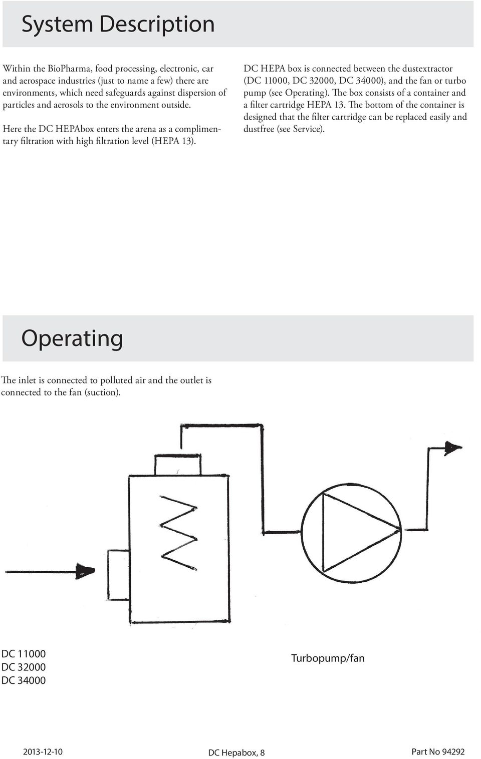 DC HEPA box is connected between the dustextractor (DC 11000, DC 32000, DC 34000), and the fan or turbo pump (see Operating). The box consists of a container and a fi lter cartridge HEPA 13.