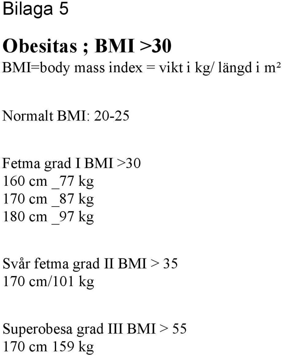 cm _77 kg 170 cm _87 kg 180 cm _97 kg Svår fetma grad II