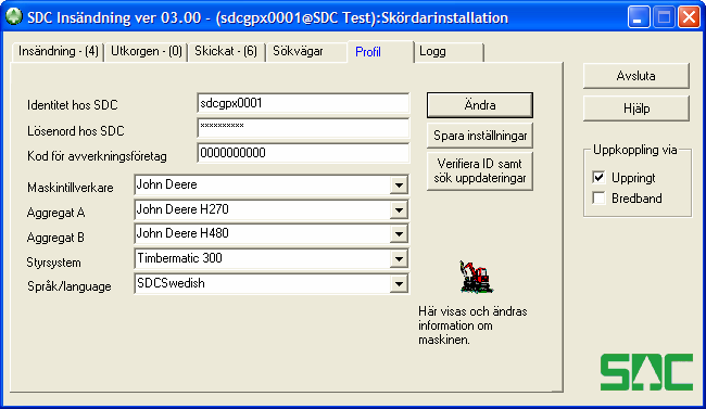 Programmet kontrollerar då anslutningen mot SDC.