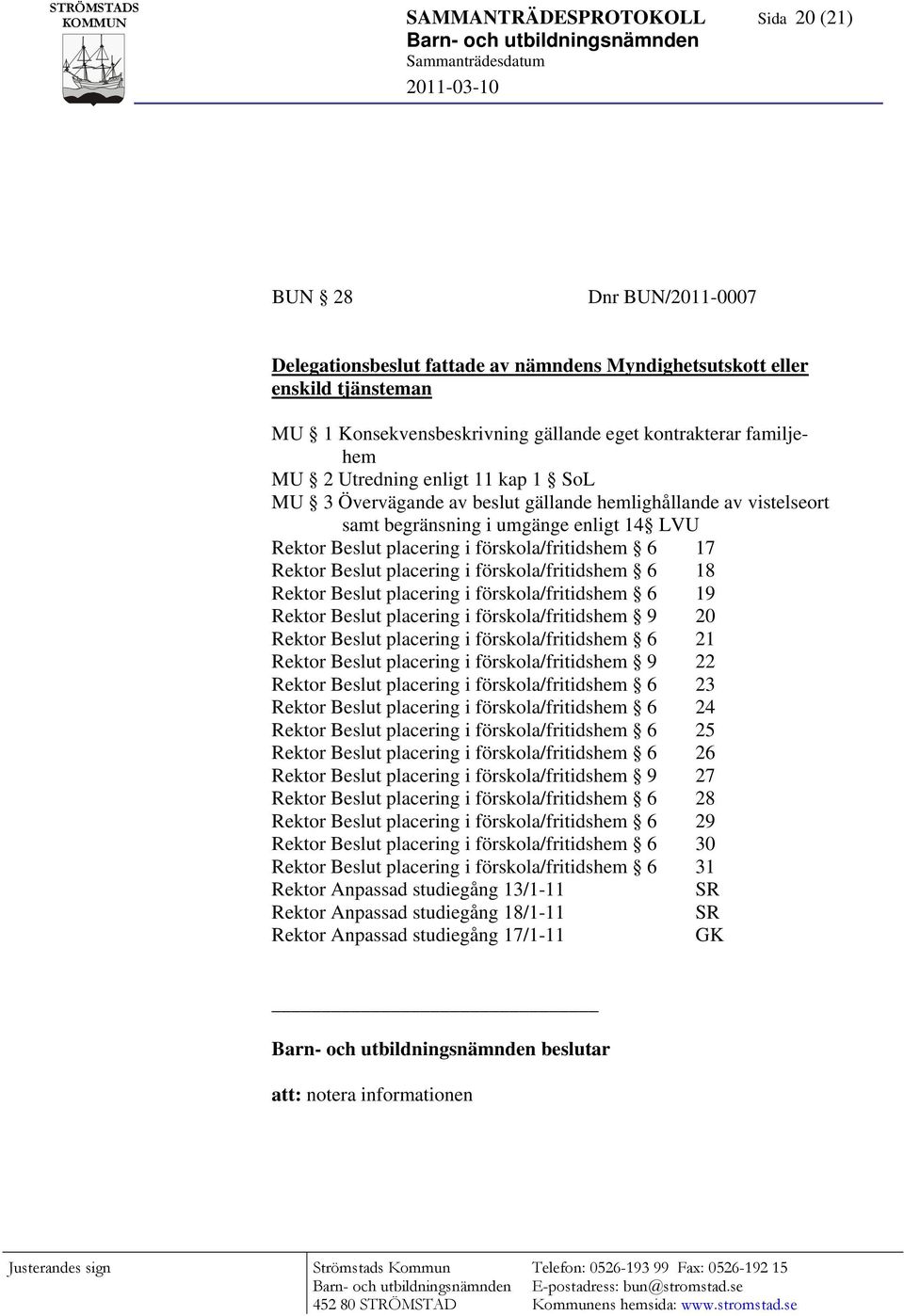 6 17 Rektor Beslut placering i förskola/fritidshem 6 18 Rektor Beslut placering i förskola/fritidshem 6 19 Rektor Beslut placering i förskola/fritidshem 9 20 Rektor Beslut placering i