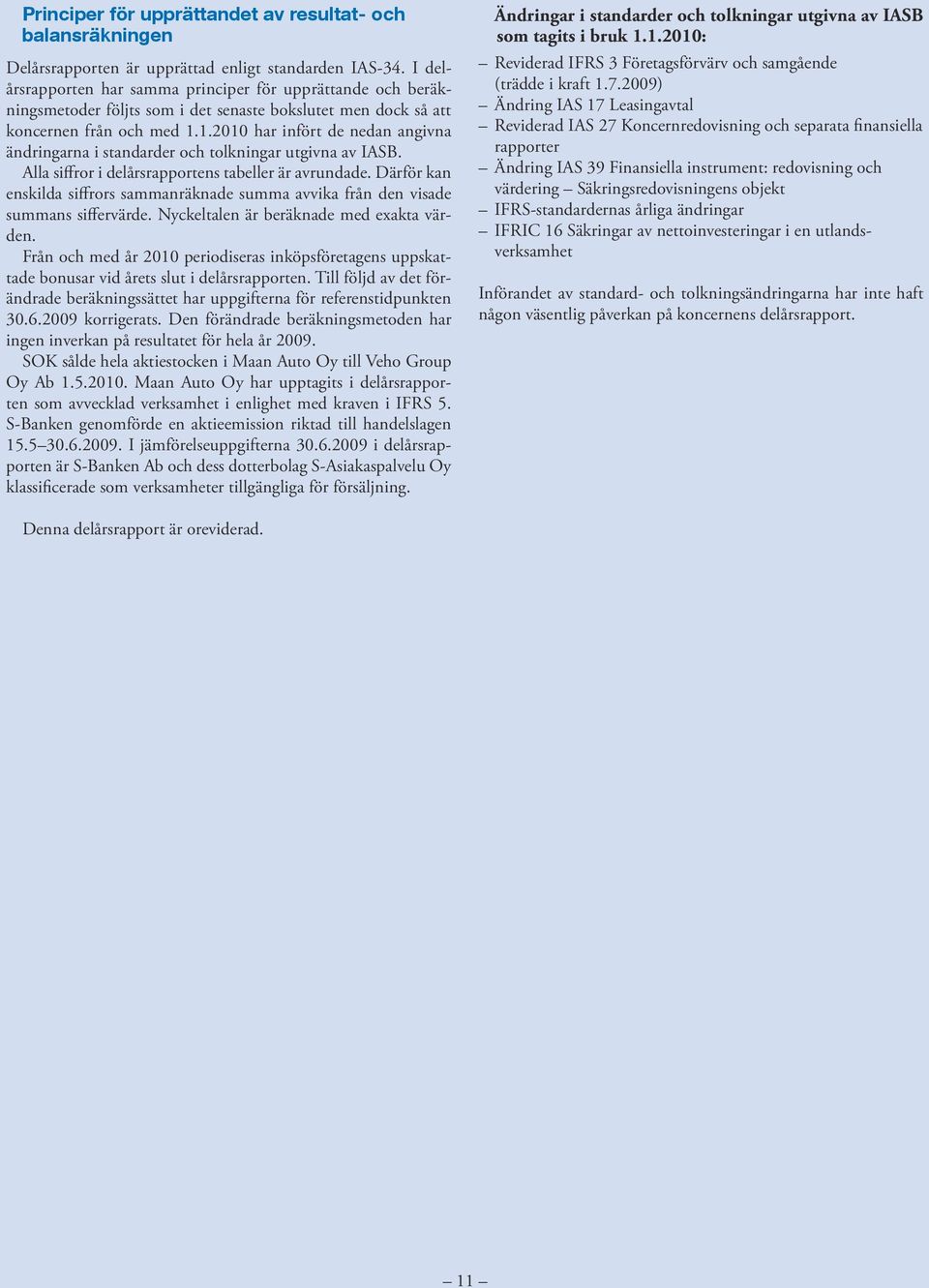 1.2010 har infört de nedan angivna ändringarna i standarder och tolkningar utgivna av IASB. Alla siffror i delårsrapportens tabeller är avrundade.