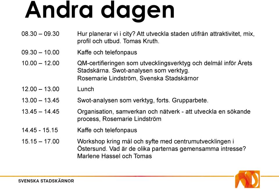 00 13.45 Swot-analysen som verktyg, forts. Grupparbete. 13.45 14.45 Organisation, samverkan och nätverk - att utveckla en sökande process, Rosemarie Lindström 14.45-15.