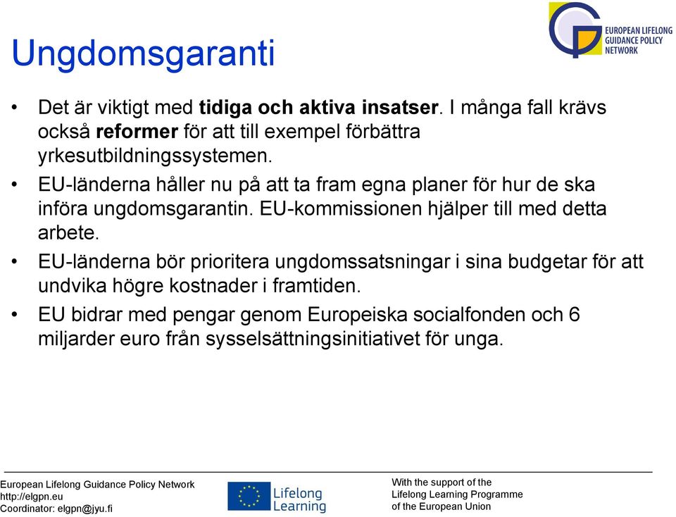 EU-länderna håller nu på att ta fram egna planer för hur de ska införa ungdomsgarantin.